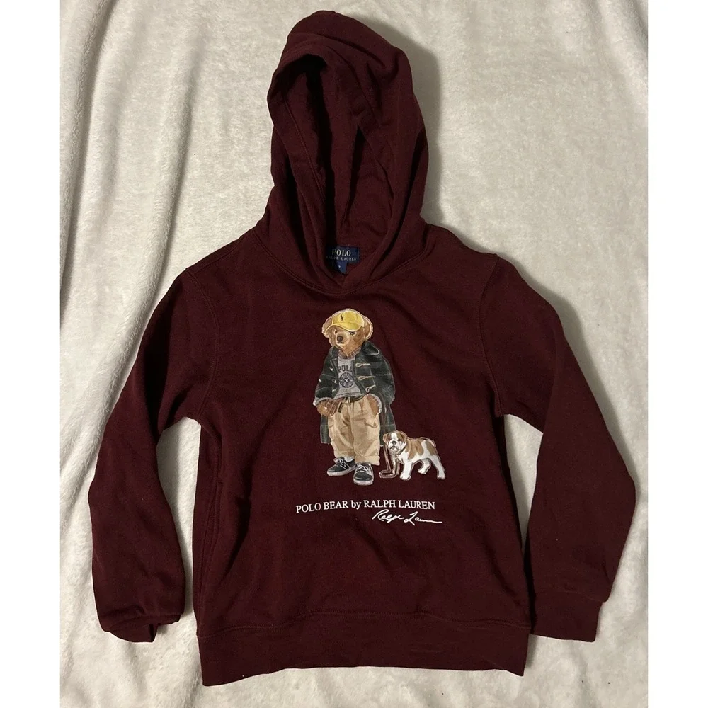 Polo Ralph Lauren Hoodie Kids 7 Burgundy Fleece Pullover Polo Bear Sweatshirt